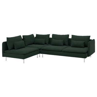 SÖDERHAMN dark green l-shaped sectional sofa with metal legs and numerous cushions.