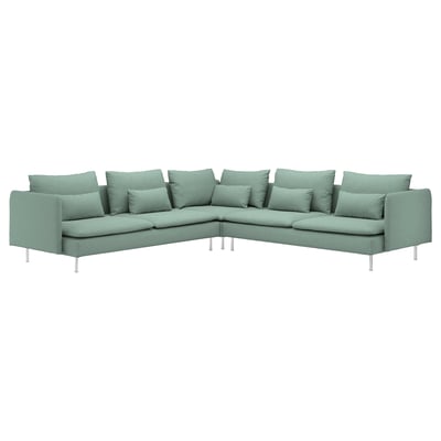 Large l-shaped SÖDERHAMN sofa in green fabric with metal legs & cushions.
