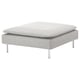 This image shows a light grey, rectangular modern footstool with metal legs and a removable cover.