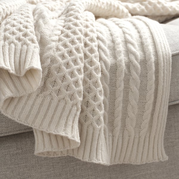 Folded white knitted blanket with intricate patterns on an upholstered surface.