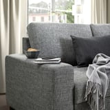Modern grey sofa with large cushions and dark throw pillows. Bowl of food, books, and remote on armrest. Blanket draped on right side.