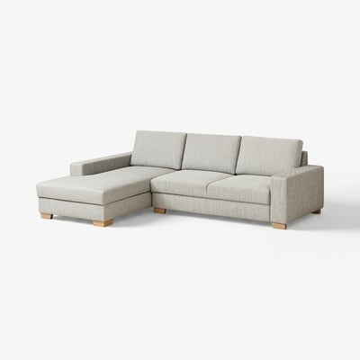 Modern light grey l-shaped sofa with wooden legs, minimalist design.