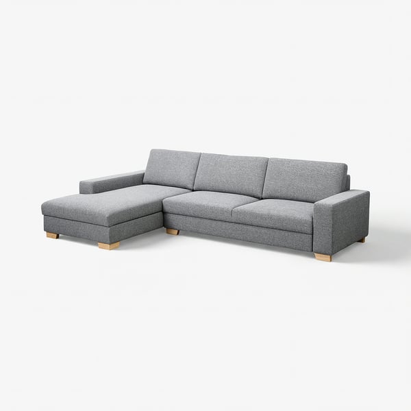 Modern grey l-shaped sofa, SÖRVALLEN, minimalist style, wooden legs, 3 seats, one chaise.