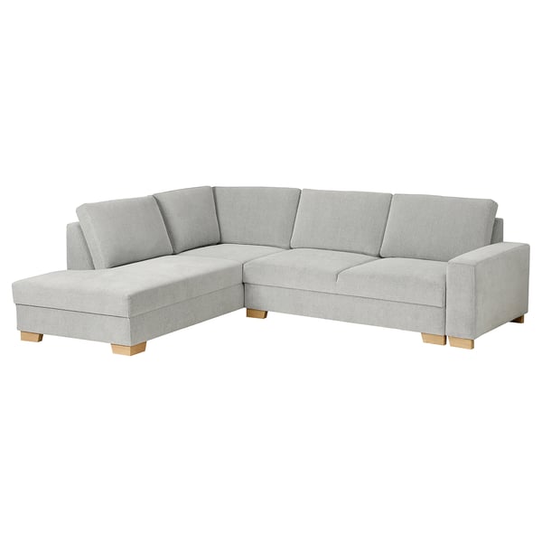 Modern grey l-sofa, light wood legs, minimalist style, comfortable with deep seat.