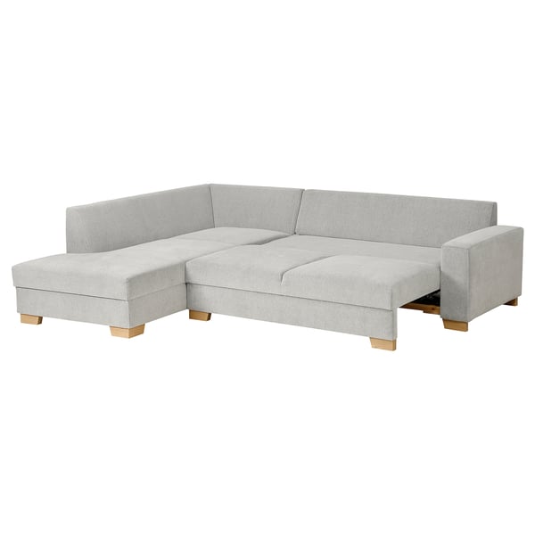 Light grey corner sofa, minimalist design, wooden legs, cushioned seats, scandinavian style.