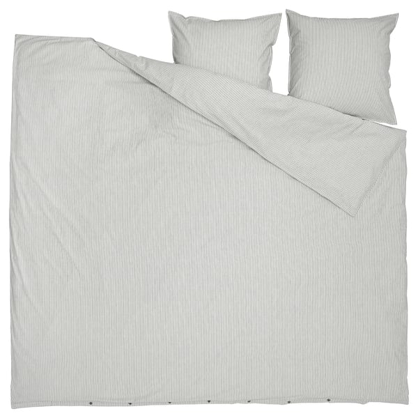 A SOLFIBBLA duvet cover set. It is gray with white stripes. The set includes a duvet cover and pillowcases. The cover is square, made of 100% cotton.