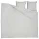 A SOLFIBBLA duvet cover set. It is grey with white stripes. The set includes a duvet cover and pillowcases. The cover is square, made of 100% cotton.