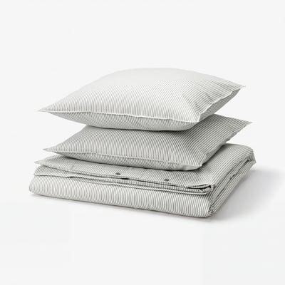 SOLFIBBLA Duvet cover and 2 pillowcases, grey white/stripe, 240x220/80x80 cm