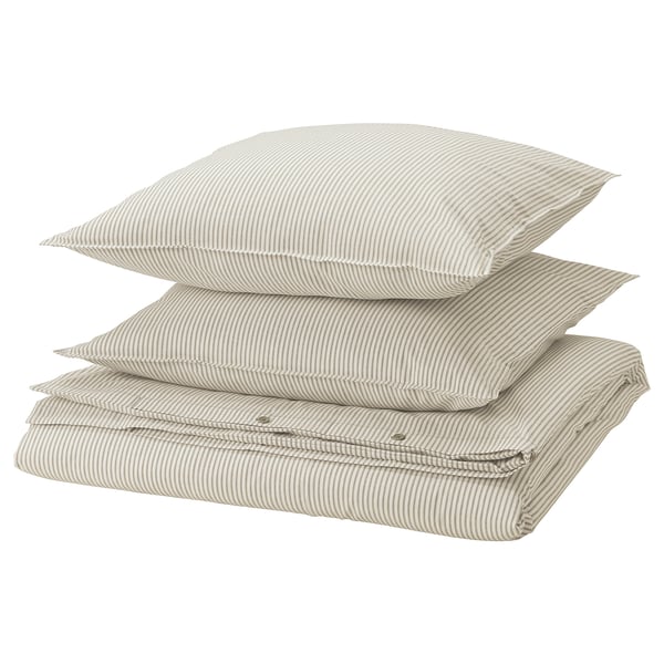 Stack of 4 white & beige striped pillows. Simple, rectangular design.