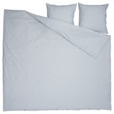 Blue and white striped bedding set: duvet cover, flat sheet, and two pillowcases. Made from 100% cotton. Rectangular shape, thin horizontal stripes.