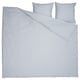 Blue and white striped bedding set: duvet cover, flat sheet, and two pillowcases. Made from 100% cotton. Rectangular shape, thin horizontal stripes.