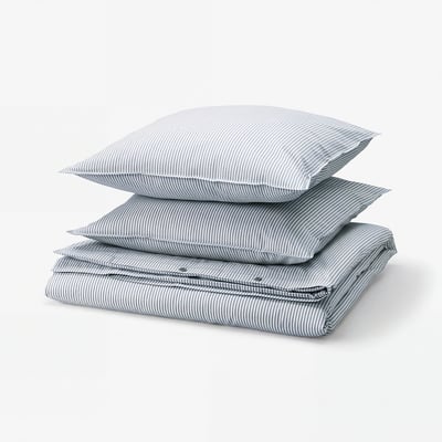 SOLFIBBLA Duvet cover and 2 pillowcases, white blue/stripe, 240x220/80x80 cm