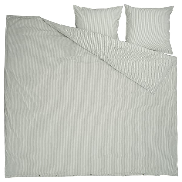 Flat bedding set, gray-blue stripes, rectangular, cotton, includes duvet cover, fitted sheet, pillowcases.