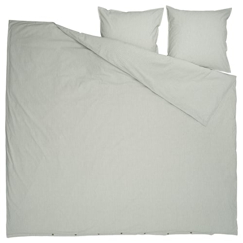 Flat bedding set, gray-blue stripes, rectangular, cotton, includes duvet cover, fitted sheet, pillowcases.