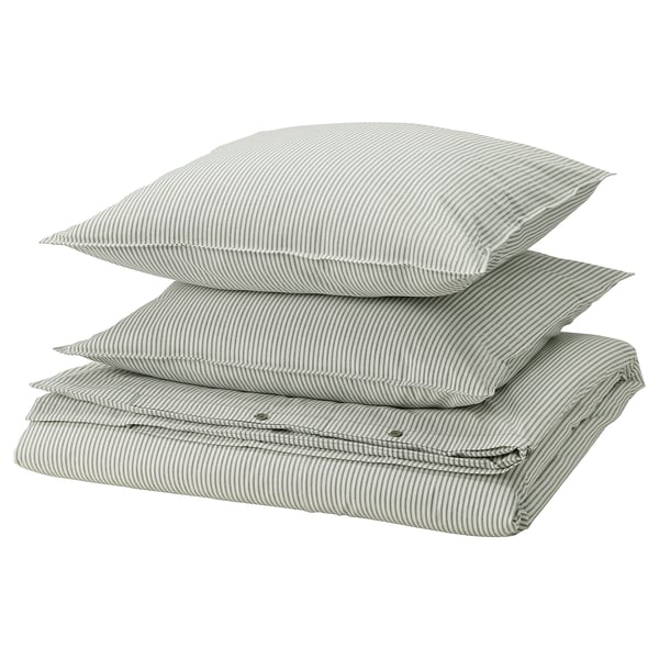 Three SOLFIBBLA cotton pillows, green & white stripes with zipper design.