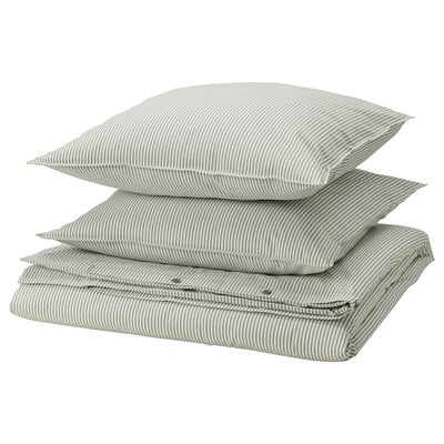 Three SOLFIBBLA cotton pillows, green & white stripes with zipper design.