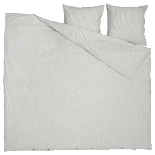 SOLFIBBLA beddings: black-white striped flat and pillow cases, rectangular, made from recycled cotton.