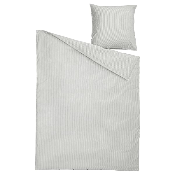 Striped bedding set, SOLFIBBLA, grey/white, cotton, rectangular, lined pattern.