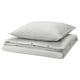A SOLFIBBLA bedding set in grey, featuring striped patterns on 100% cotton, including a duvet cover and pillowcases, neatly folded.