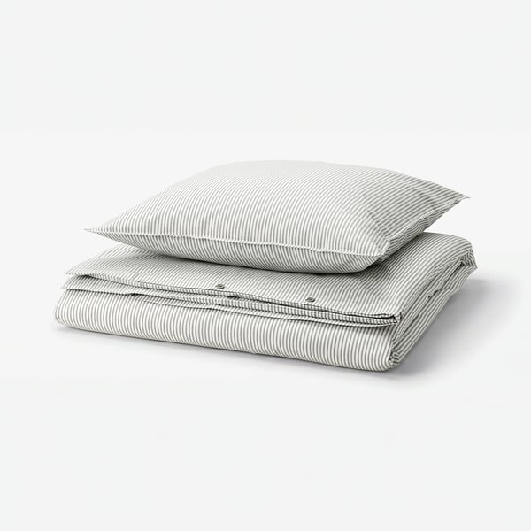 A SOLFIBBLA duvet and pillow sham set, featuring grey and white stripes on soft, recycled cotton.