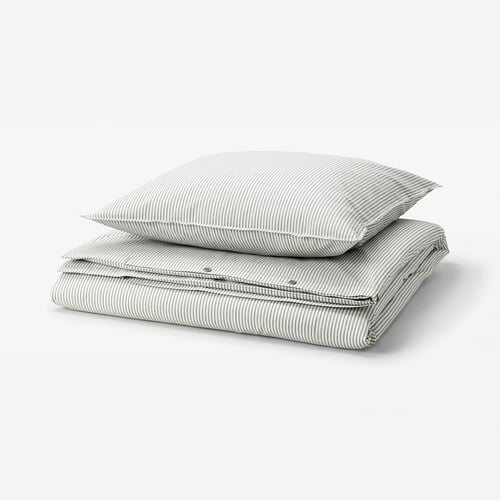 A SOLFIBBLA duvet and pillow sham set, featuring grey and white stripes on soft, recycled cotton.
