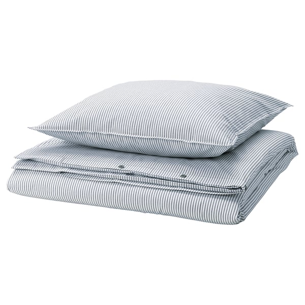 Blue and white striped bedding set, folded square. Made of recycled cotton. Simple, classic design.
