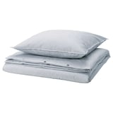 Blue and white striped bedding set, folded square. Made of recycled cotton. Simple, classic design.