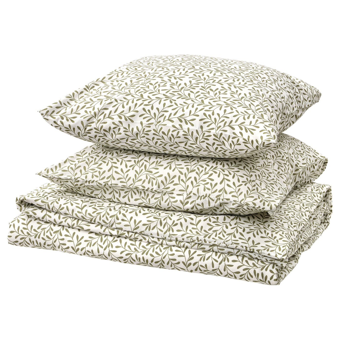 Beige-green bedding set with leaf pattern, 4pcs, cotton-polyester blend.