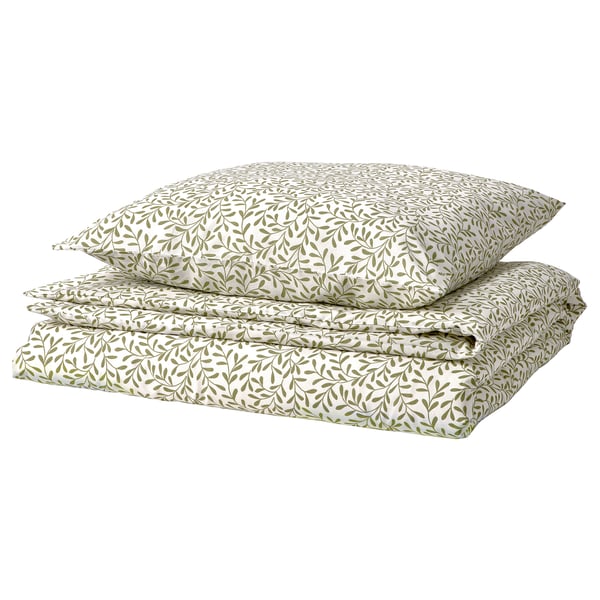 SORGMANTEL bedsheet set, light green, white, leaf pattern, cotton-polyester blend, rectangular, botanical design.
