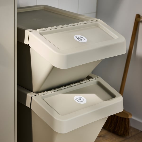 SORTERA Sorting bin with lid, beige, 60 l