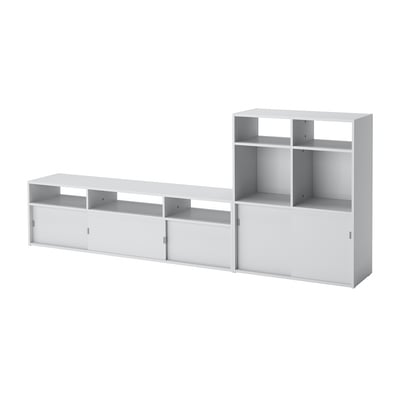 SPIKSMED storage set: tv bench with open/closed compartments, open shelving unit, sleek edges.