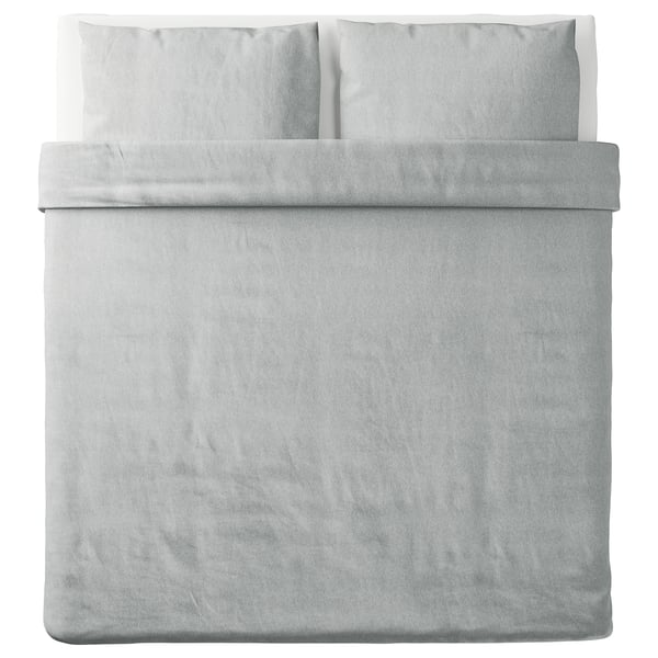 Light grey SPJUTVIAL bedding set in soft, stretchy cotton jersey with pillows.