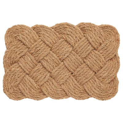Natural beige braided rope doormat, rectangular, thick weave, handmade, coir fiber.