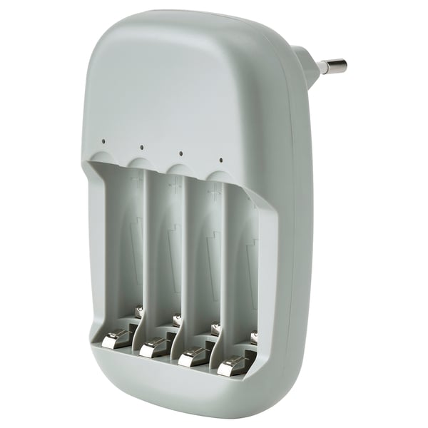 STENKOL gray battery charger: 4 slots, plastic, compact.