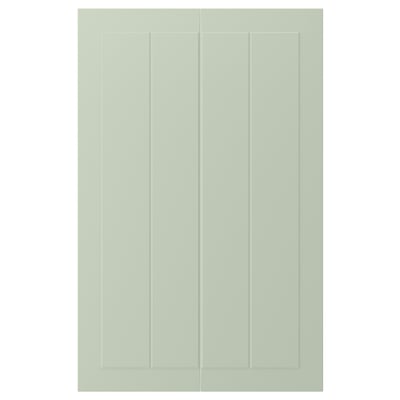 Two green grooved doors with smooth, rectangular design.