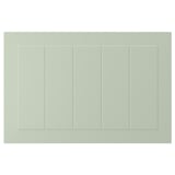 A green, rectangular STENSUND cabinet door with grooved panels. Its made from fibreboard and coated with polyurethane and acrylic paint.