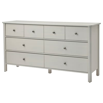 STOREMOLLA chest with 6 wide drawers, silver knobs, on hidden tracks, pine wood.
