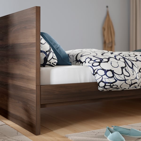 STORKLINTA Bed frame, dark brown oak effect/Lönset, 90x200 cm