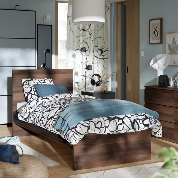 STORKLINTA Bed frame, dark brown oak effect/Luröy, 90x200 cm