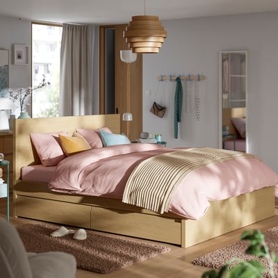 STORKLINTA Bed frame with 2 storage boxes, oak effect, 140x200 cm