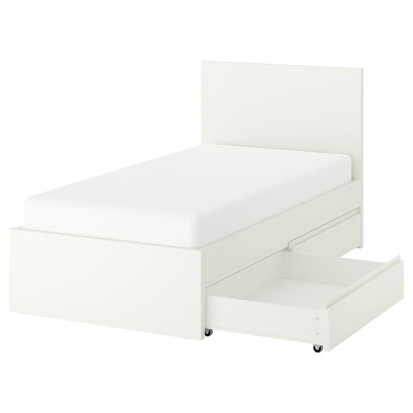 Minimalist white STORKLINTA bed with storage, clean lines, sturdy design.