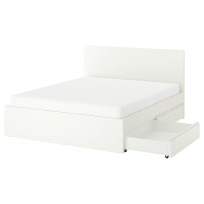 A white STORKLINTA bed with clean, modern design, featuring two under-bed drawers on casters.