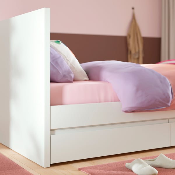 STORKLINTA Bed frame with 2 storage boxes, white/Leirsund, 90x200 cm