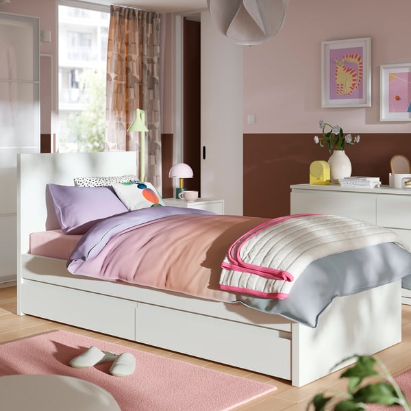 STORKLINTA Bed frame with 2 storage boxes, white/Leirsund, 90x200 cm
