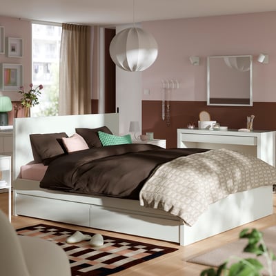 STORKLINTA Bed frame with 2 storage boxes, white/Leirsund, 160x200 cm