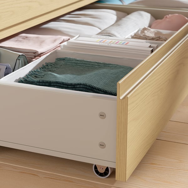 STORKLINTA Bed frame with 4 storage boxes, oak effect/Luröy, 180x200 cm