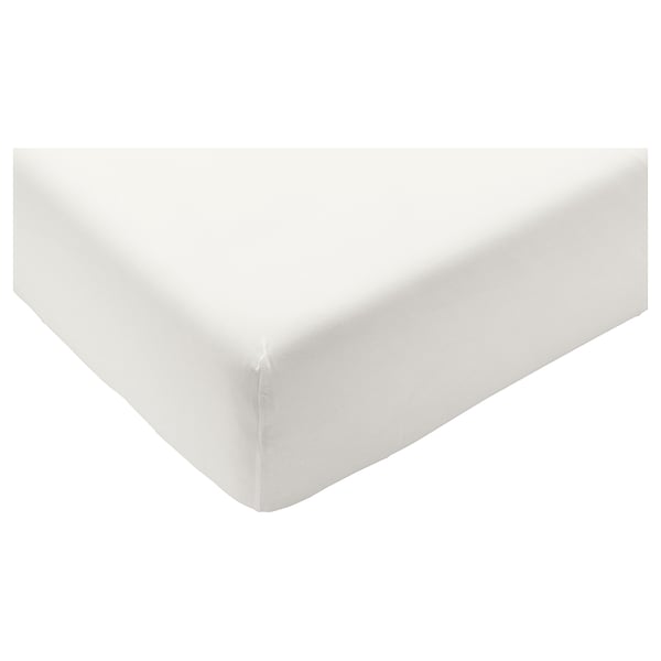 White fitted sheet, rectangular with elastic corners, plain design.
