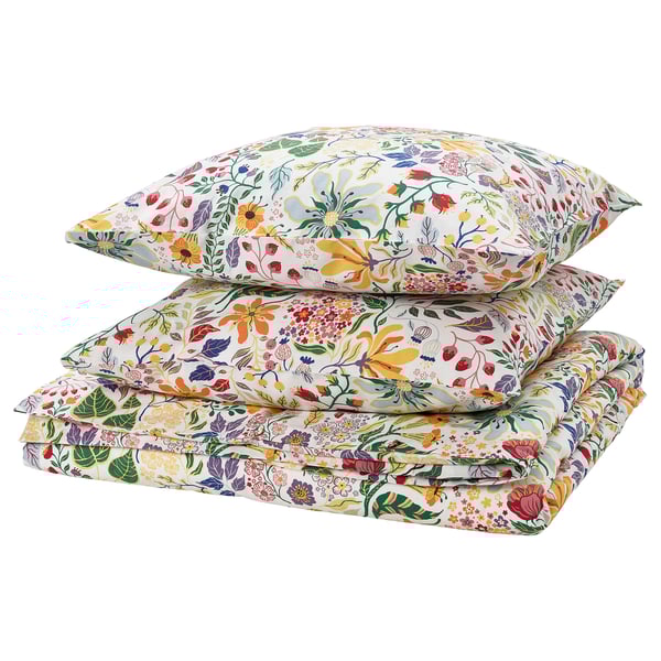 STRANDLUMMER duvet set, white with colorful floral design, made of 100% cotton, square shape.