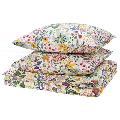 STRANDLUMMER duvet set, white with colorful floral design, made of 100% cotton, square shape.