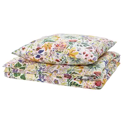 STRANDLUMMER duvet & pillowcase set, white with colorful floral pattern, cotton, rectangular with button closure.